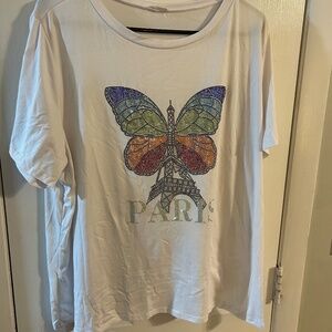 White shirt sleeve Tshirt with Rhinestone Butterfly design